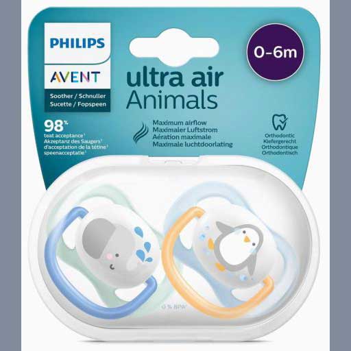Philips AVENT Sucette 0 - 6 mois Air Animals bleu/jaune/rose - 2 pièces