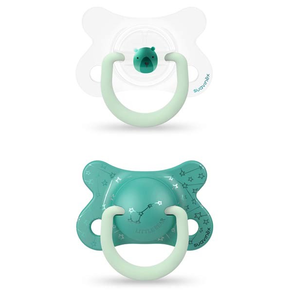 2 SUCETTES SILICONE -2/4M BEAR VERT